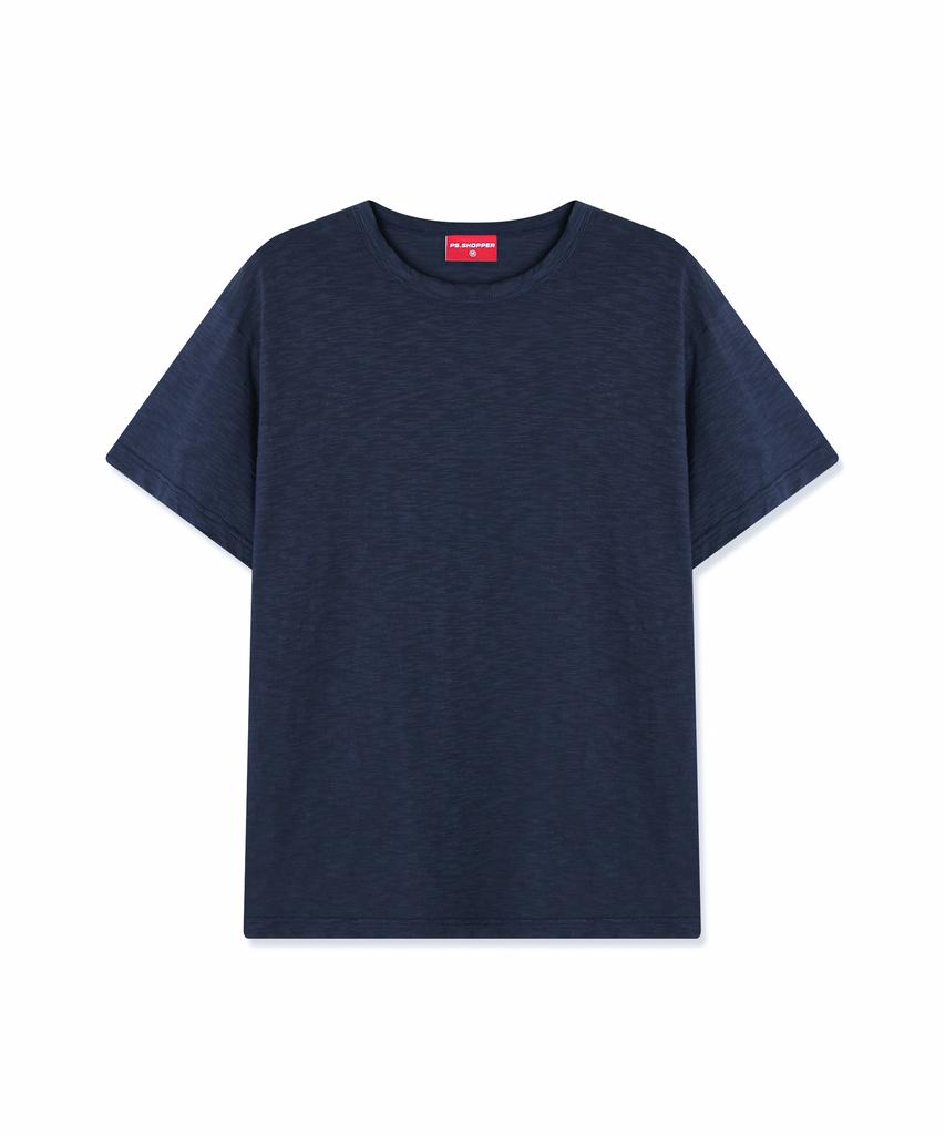 PSSHOPPER Semi-Crop Slub Vintage Short Sleeve T-Shirt [Navy]