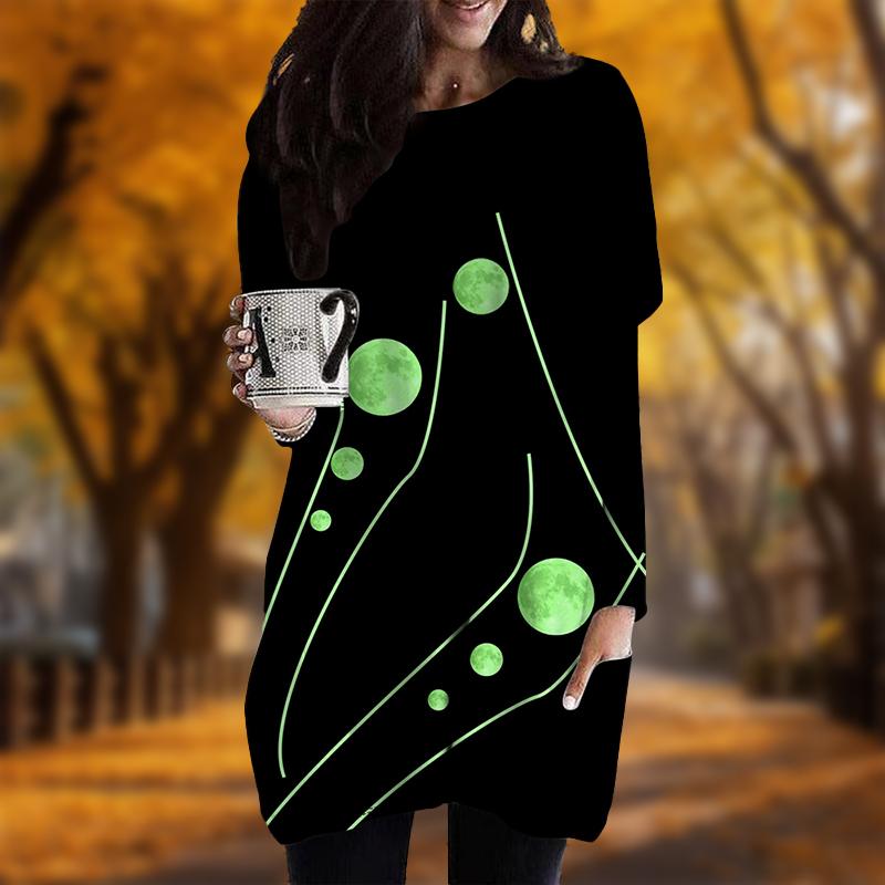 Новинка осени с принтом лунных линий и больших размеров платье для женщин с круглым вырезом и длинными рукавами повседневные платья с карманами