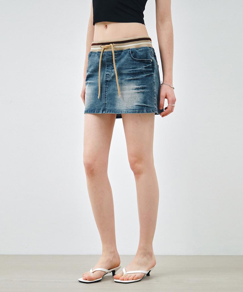 Mongdol Rib Banded Washed Denim Mini Skirt Light Blue Mdsk037Lblue