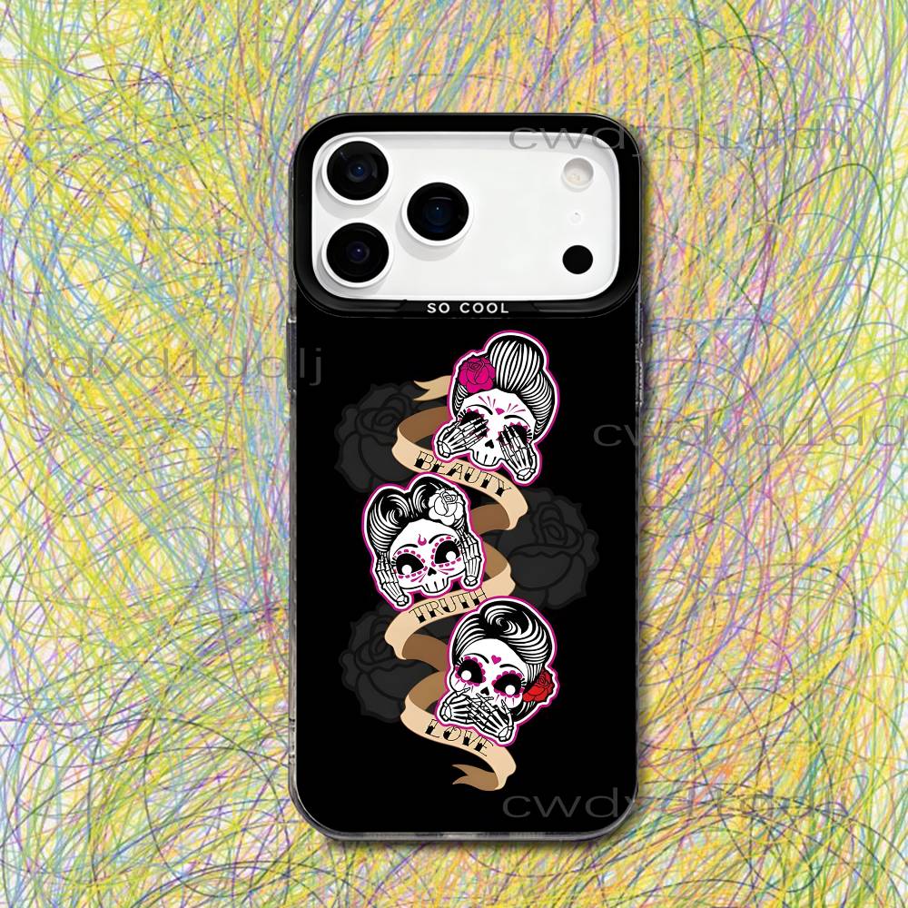 Mexican Catrina Skull Girls For iPhone 17,16,15,14,13,12,X,8,Pro,Max,Plus,SE4,Air,Mini Black IMD Matte Case