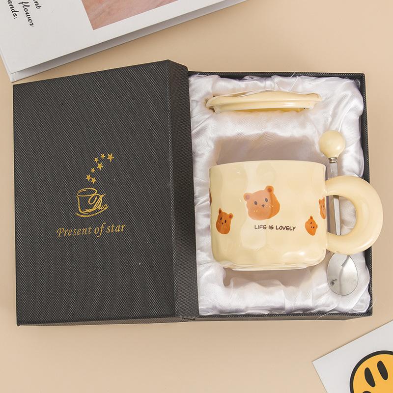 Корейская ретро кружка с медведем, с крышкой и ложкой, для девушки с высокой ценностью, парная керамическая чашка, офисная чашка для питья воды, кофейная чашка