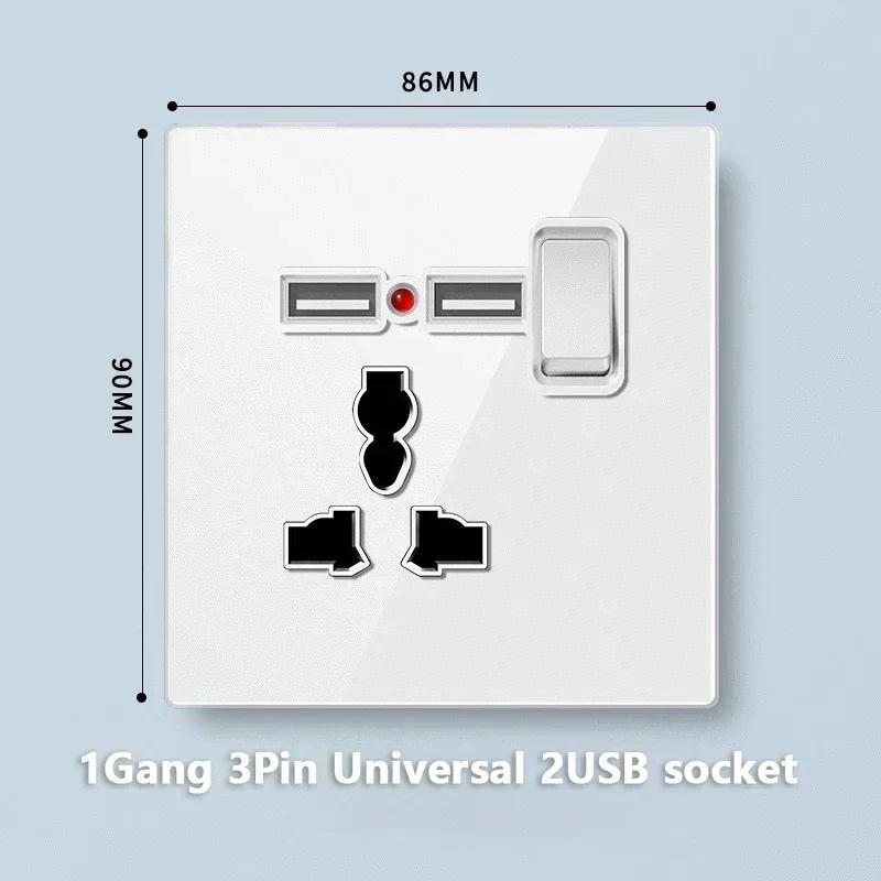 Universal Tempered Glass 20W Quick Charge USB Type-c Wall Dual 3pin Socket panel,UK 13A Wall 220V 2Way Light Switch Power Outlet