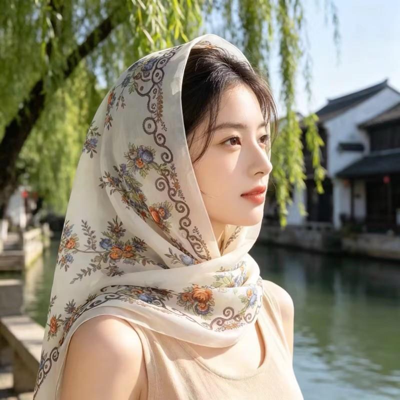90x90cm Floral Print Square Scarf Women Lightweight Chiffon Wrap Boho Chic Headscarf Beach Cover-Up