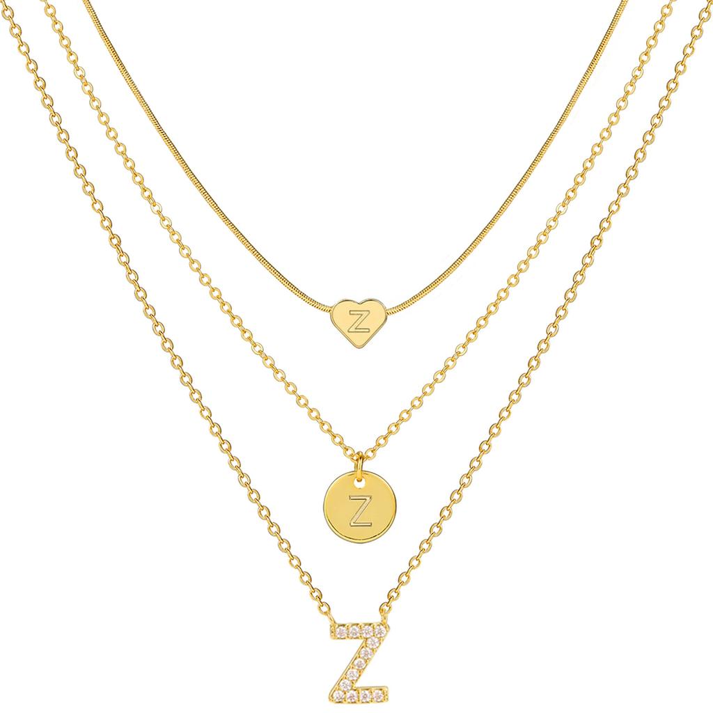 17KM 3 Pcs Plated Heart Initial Necklace Sets for Women Fashion Multilayer Letter Choker Necklaces Copper Metal Jewelry Gift