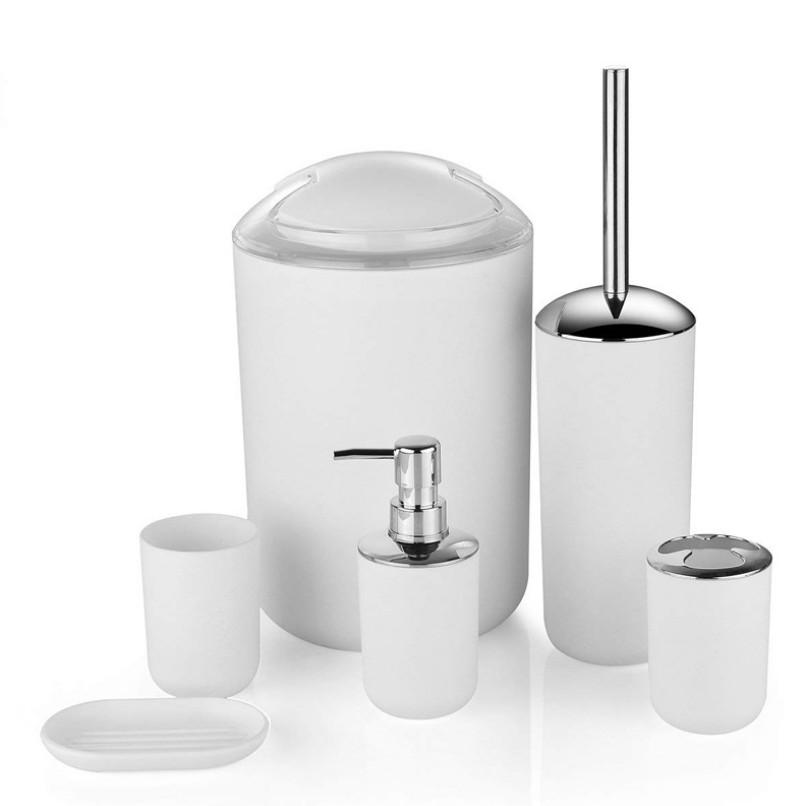 Bathroom Accessories Set Six Pieces Plastic Washroom Collection With Toothbrush Cup And Storage Solution