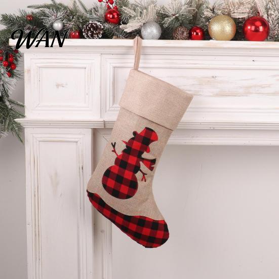 Decorative Xmas Socks Christmas Stocking with Snowman Bird Tree Reindeer, Red Black Plaid Fabric Burlap Decoration, Fireplace Hanging Holiday Gift Bag