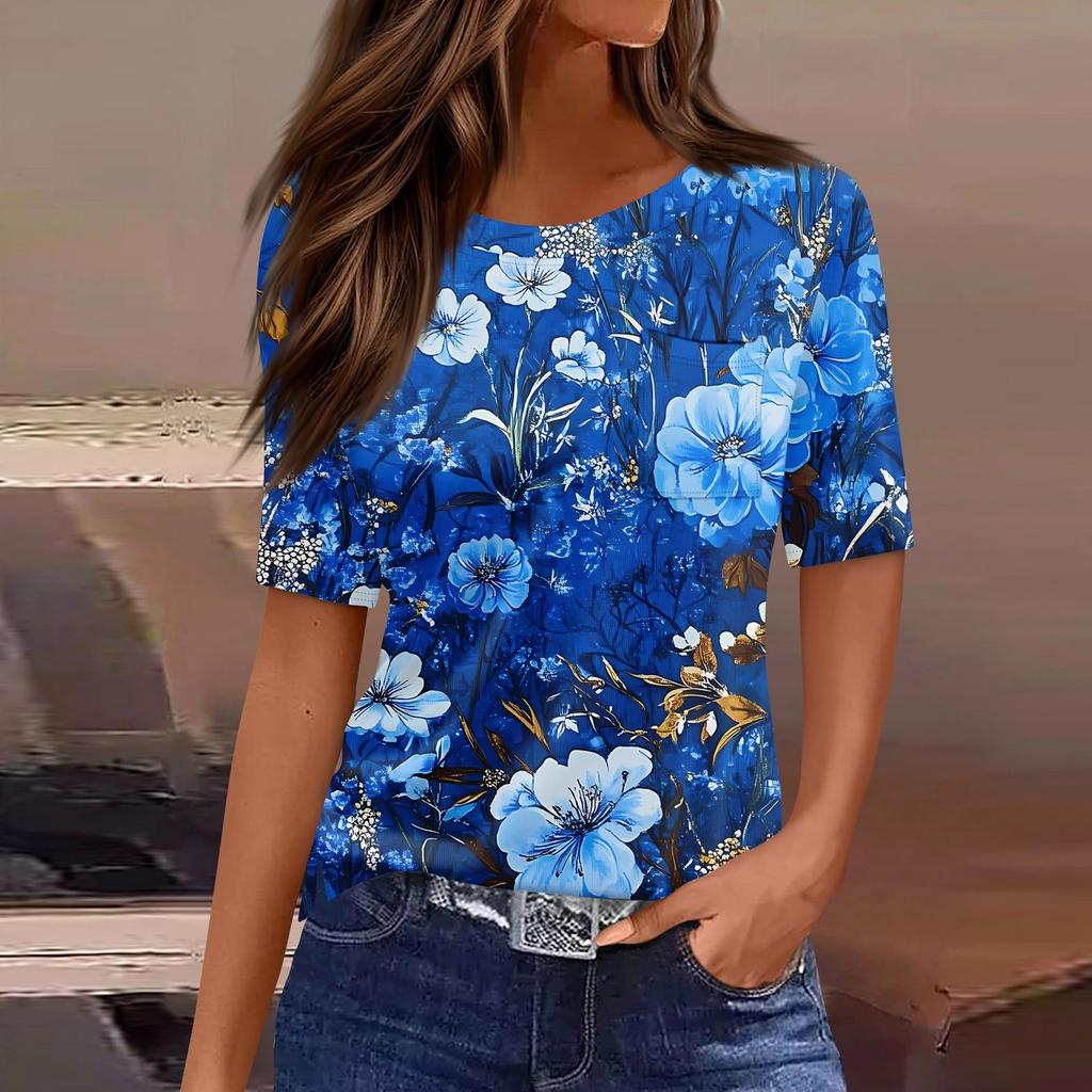 Футболки для женщин с круглым вырезом, нарядные повседневные блузки с принтом, короткие рукава, летние топы свободного кроя