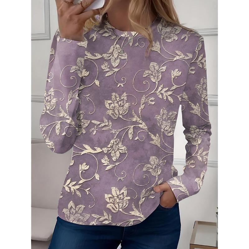 Women's Casual T-shirt 3D Printed Flower Print Round Neck Retro Elegant Long Sleeves Women's Fashion Pullover Long Sleeve Tops