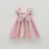 Girls Summer Rainbow Tulle Princess Dress With Flutter Sleeves And Puffy Skirt For Kids Party Wear
