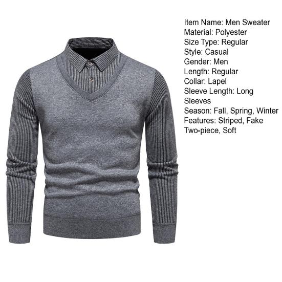 Мужской осенне-зимний свитер, искусственный двухсекционный пуловер с длинными рукавами и лацканами, полосатый пуловер, вязаный приталенный мягкий теплый эластичный мужской свитер в деловом стиле