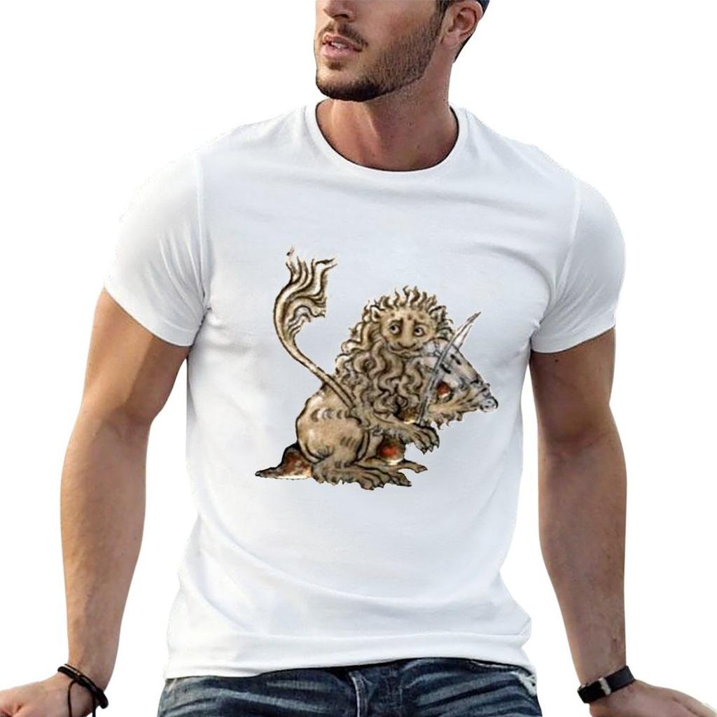 Medieval Marginalia Lion With Violin Tshirt Casual Streetwear Short Sleeve Tee