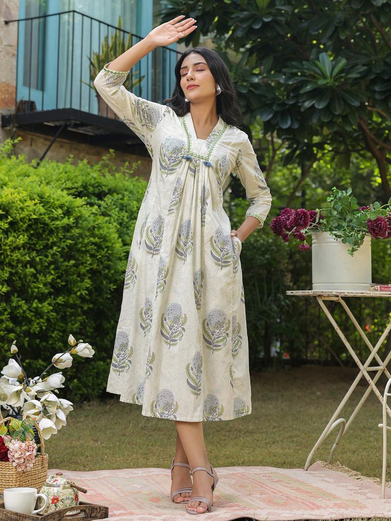 Платье с ручным принтом | Платье с блочным принтом | Белое платье с цветочным принтом | Осеннее платье | Подарки для нее | Хлопковое платье с карманами. Сделано вручную в Индии