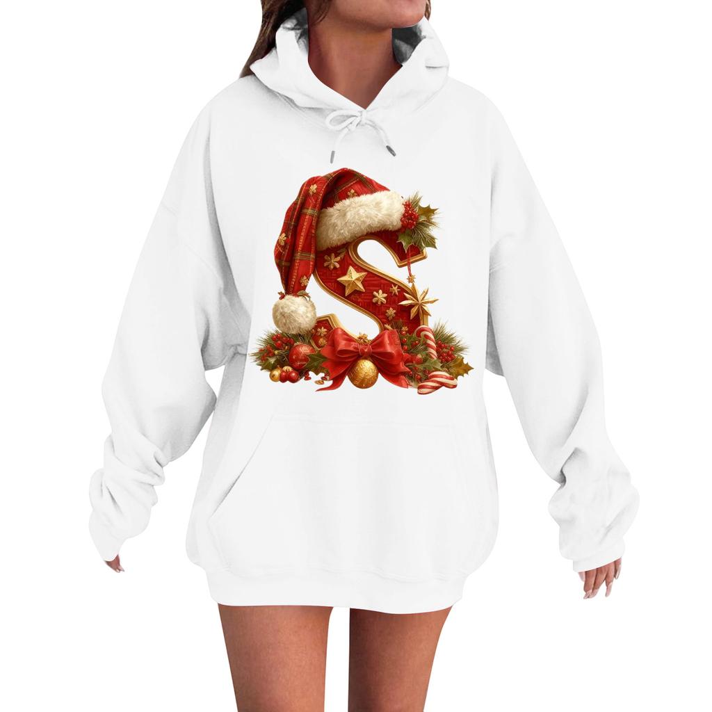 Women's Casual Comfortable Long-Sleeved Christmas Letter-Printed Warm Hooded Crew-Neck Sweatshirt