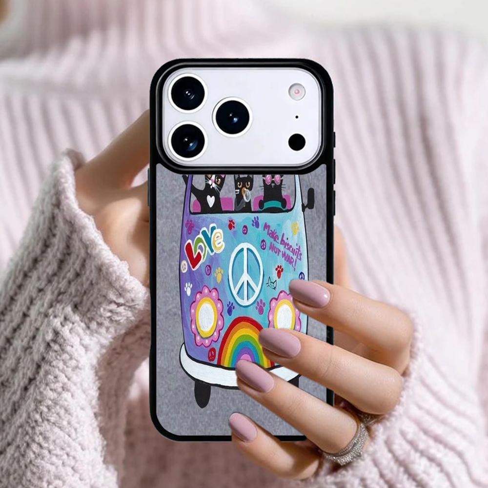 Hippy Peace Bus Cat soft Phone Case For Apple iPhone 17 Air 16E 15 14 Plus 13 12 11 Pro Max Mini Funda Cover