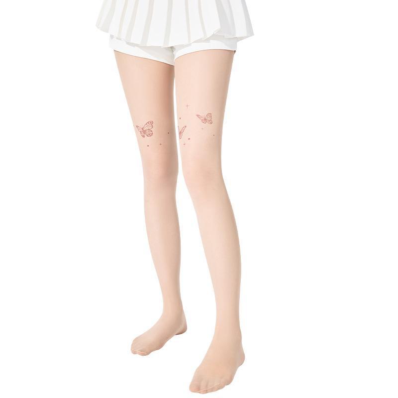 Женские антизацепляющие чулки с татуировками: Прочные, облегающие тонкие колготки с рисунком в виде белых бабочек для защиты от солнца и ухода за кожей весной и летом.