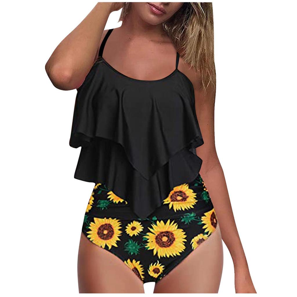 Женский сплит-модный купальный костюм с двойной оборкой и открытой спиной, с подушечками для бюстгальтера и без стального бюстгальтера