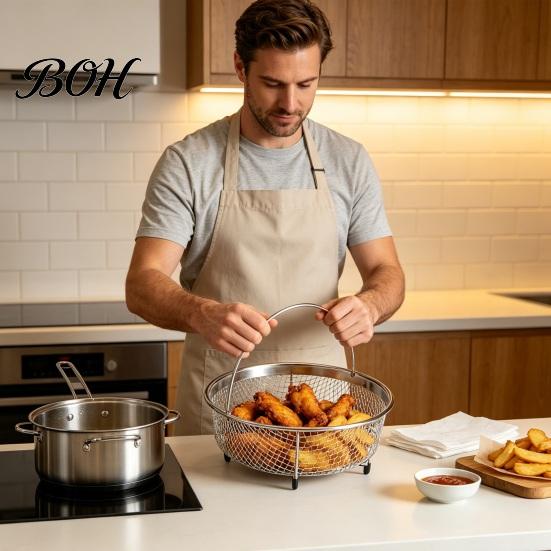 Multi Use Kitchen Frying Basket Stainless Steel Basket, with Handle, Heat Resistant Mesh Strainer, Durable Portable Deep Fryer Tool, for Chips