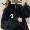Зимнее женское пальто из утолщенного двухстороннего искусственного флиса, однотонное, воротник-стойка, защита шеи, декор в виде букв, длинные рукава, сохраняющие тепло, для путешествий на свежем воздухе