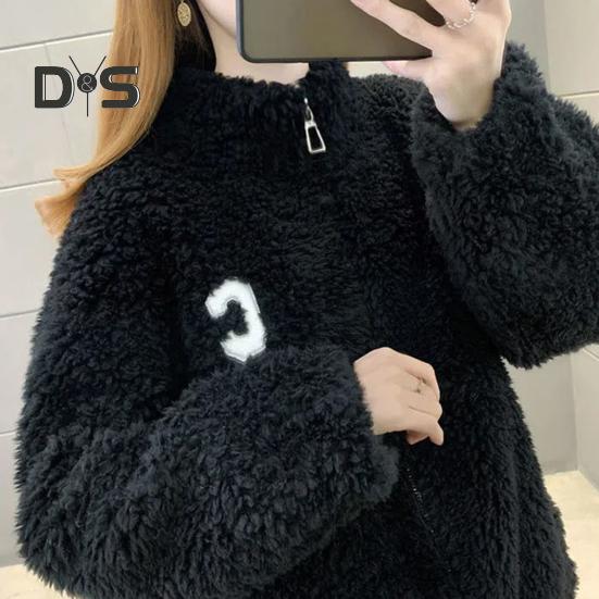 Зимнее женское пальто из утолщенного двухстороннего искусственного флиса, однотонное, воротник-стойка, защита шеи, декор в виде букв, длинные рукава, сохраняющие тепло, для путешествий на свежем воздухе