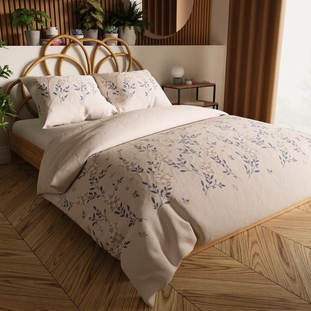 Amalia - Komplet Pościeli Satynowej - Beżowy Z Niebieskimi I Karmelowymi Akcentami - Drobne Kwiaty - 220X200 Cm