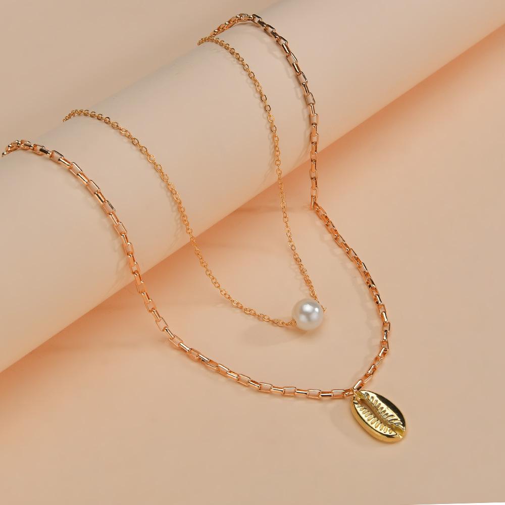 Простое жемчужное ожерелье, металлическая ракушка, двухслойное женское ожерелье, в сочетании с ожерельем из сплава с ветром