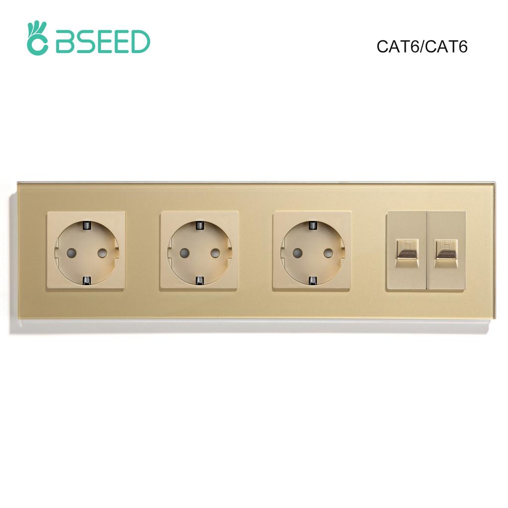 BSEED Двойная интернет-розетка CAT6 Настенная розетка Плюс EU Розетки питания Плюс Сетевой PC Data Компьютерный Коннектор Розетки Стеклянная Панель