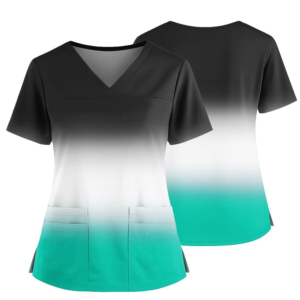 Women's Casual Printed V-Neck Pocket Side Slit Short Sleeved Top Short Sleeved Top