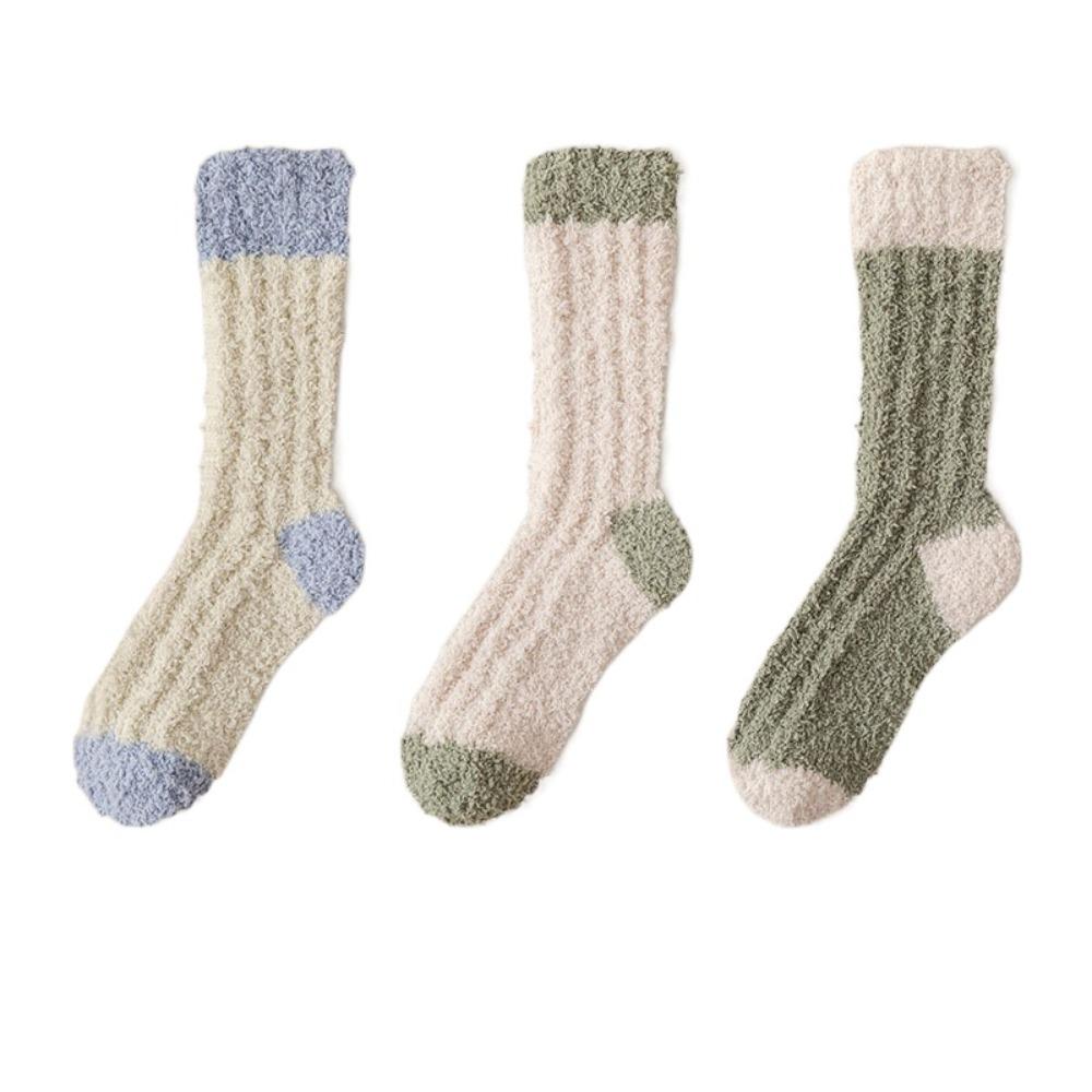3Pairs Sleeping Coral Fleece Socks Winter Mid Tube Socks Women Solid Color Floor Plush Socks Autumn