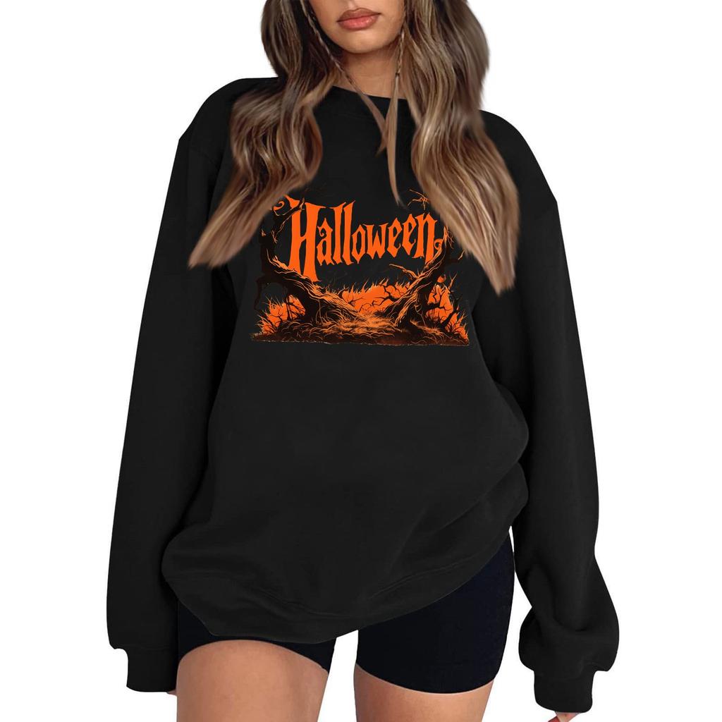 Women's Casual Round Neck Long Sleeved Pullover, Halloween Printed Top, Long Sleeved Hoodie
