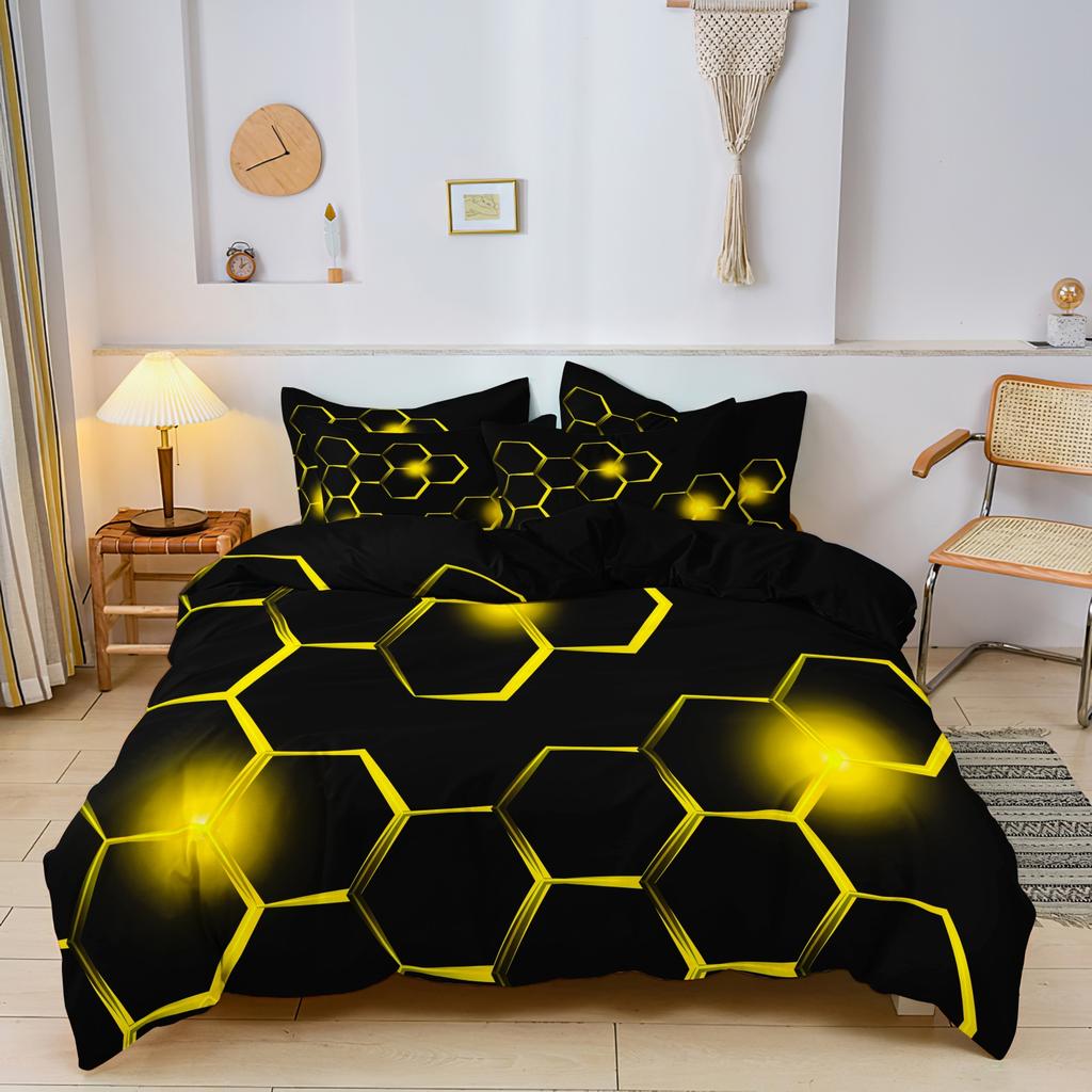 3pcs Geometric 3D Hexagonal Honeycomb Pattern DuvetCover SetDigital Print Colorful Polyester Bedding with Zipper Closure