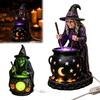 Halloween Witch Cauldron Decor Statue with Glowing Cauldron, USB Powered Resin Black Creative Gift for Friends Pot Figurine Green/Purple LED