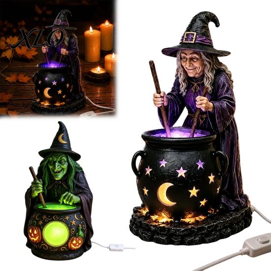 Halloween Witch Cauldron Decor Statue with Glowing Cauldron, USB Powered Resin Black Creative Gift for Friends Pot Figurine Green/Purple LED