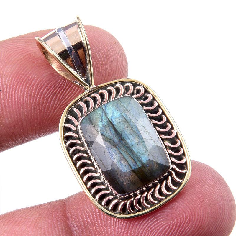 Natural Labradorite 925 Solid Sterling Silver Jewelry TwoTone Pendant 1.25" P7Y52