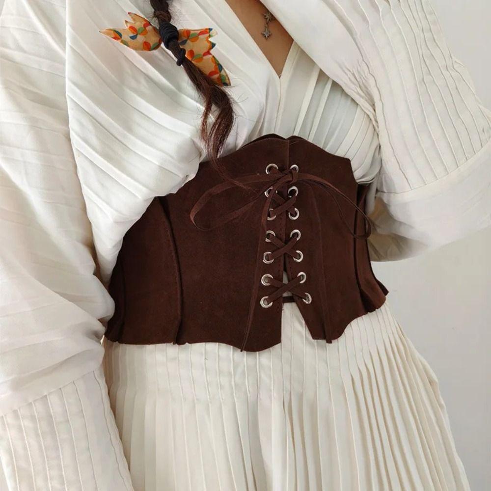 PU Leather Pu Leather Corset Adjustable Western Cowboy Belt Waist Corset Suede Wide Belt  Waistband