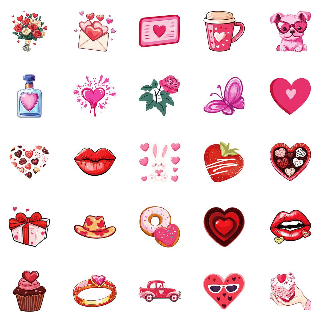 50 Sweet Valentine's Day Theme Pp Waterproof Decorative Stickers Cute Love Rabbit Chocolate Not Repeat Stickers