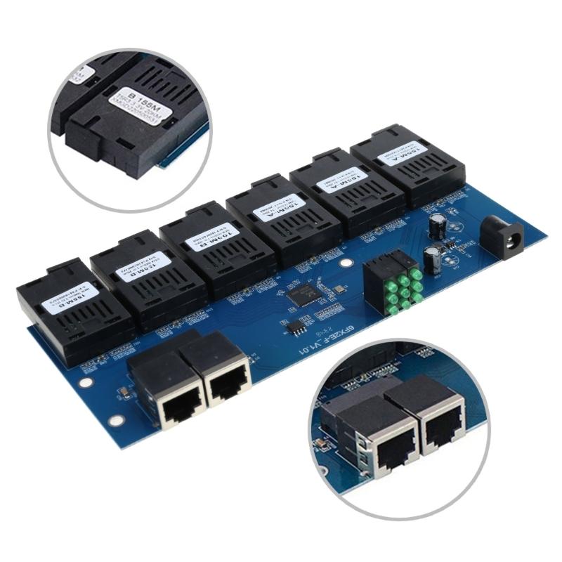 100M Плата PCBA Медиаконвертеры Оптоволокно 2 RJ45 к 6SC Оптическое соединение 1310нм/1550нм 3A+3B Порт 20КМ Ethernet