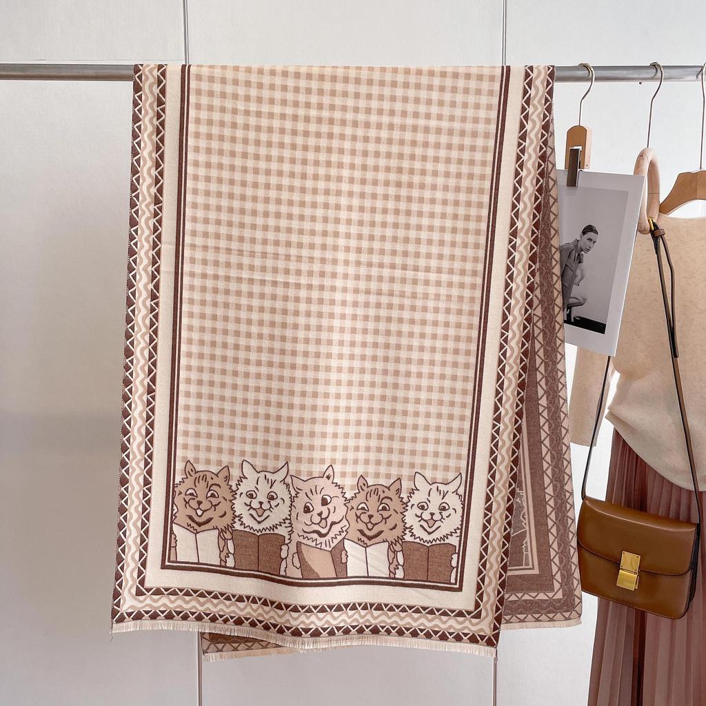 Imitation Cashmere Plaid Scarf Women'S Cute Kitten Printing Trend Big Shawl Warm Thick Scarf