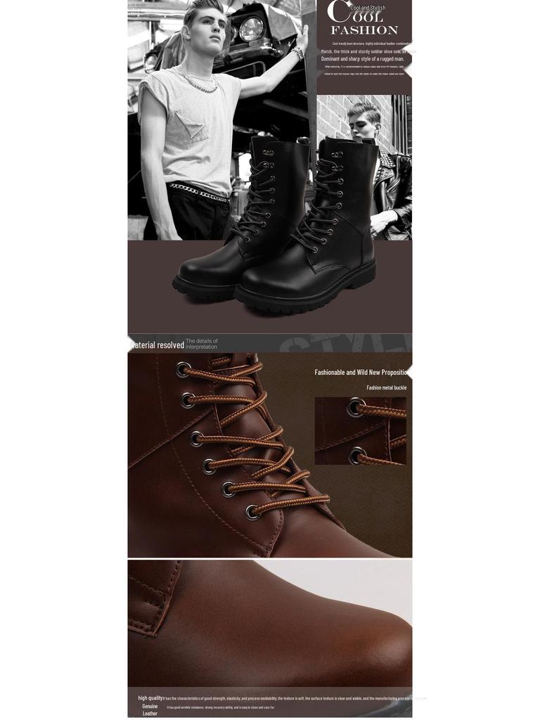 Кожаные ботинки в стиле милитари с высоким верхом, нескользящие, на флисовой подкладке - Легкие, износостойкие и теплые для походов и работы.