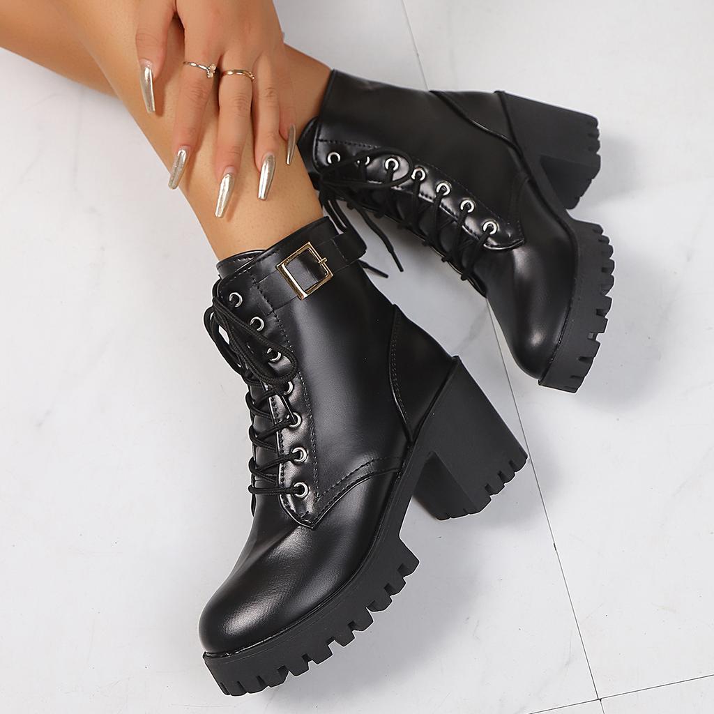 Fashion In The Spring Autumn of 2025, The British Style Round-headed Thick-heeled Ankle Boots Female Black Lace-up Design Fashion Boots.