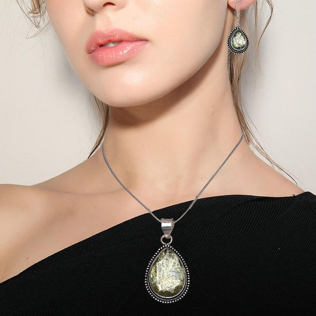 Rutile Golden Set Earring Jewelry 18-20'' Pendant Quartz Sterling