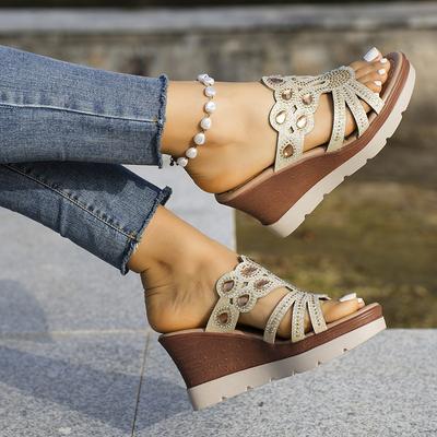 Летние новые богемные шлепанцы на высоком каблуке со стразами, женские на толстой подошве, с круглым носком, открытым носком, большого размера, на 4-х клиновидном каблуке, крутые шлепанцы