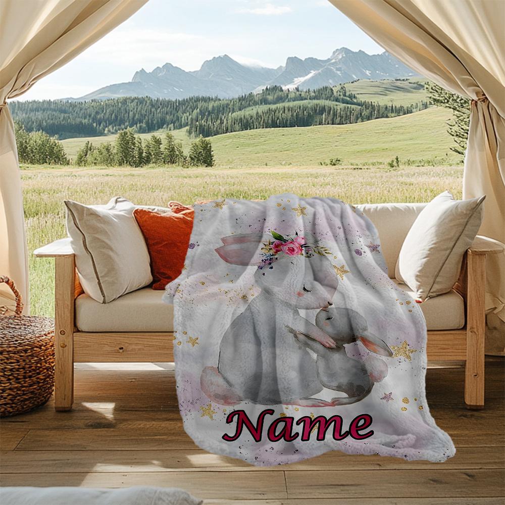 Cute Bunny Embrace Floral Background Design Customizable Outdoor Blanket Customize Text Durable Comfort Throw For Picnics Outdoor Travel And Camping