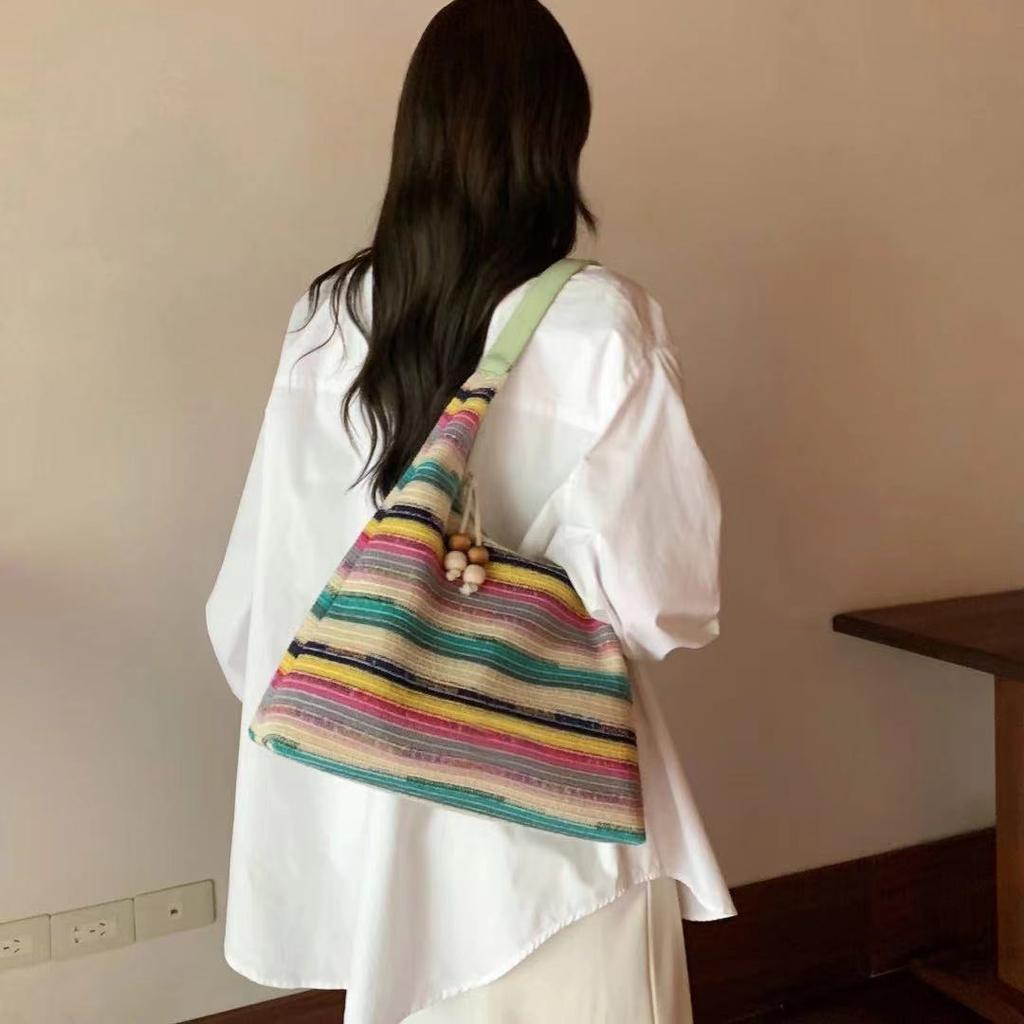 Сумка-тоут цвета радуги, женская, плетеная, большая, сумка через плечо, пляжная сумка Lazy Wind Tide