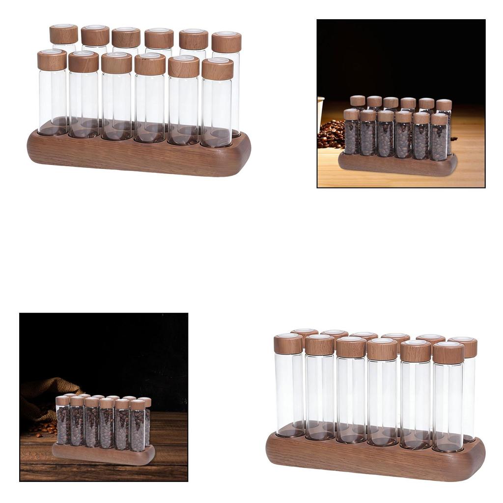Single Dose Coffee Bean Storage Tubes Glass Airtight Container Wooden Stand Dustproof Organized for Kitchen Shelves