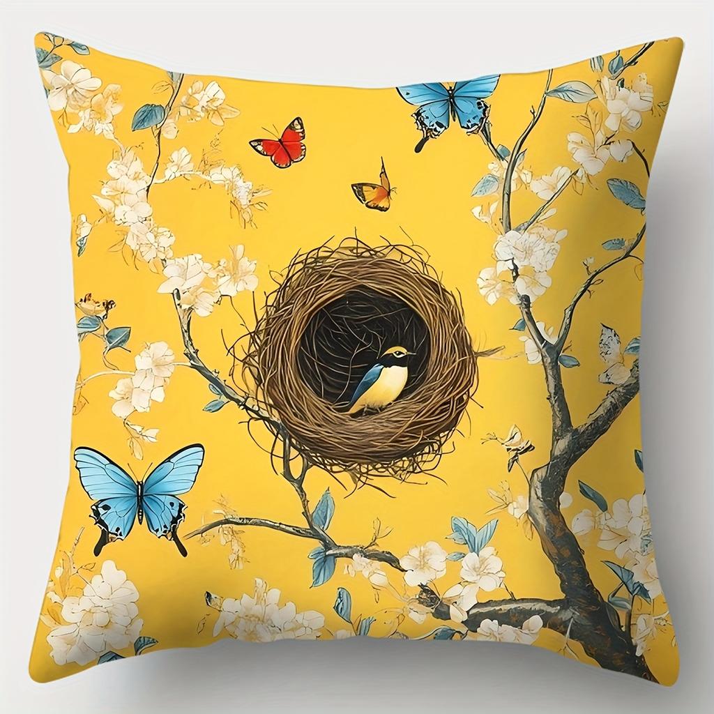 4Pcs Set, Sofa Pillowcase, Pear Flower And Sparrow Pillowcase, 17.7" * 17.7", Single-Sided Print, Home Decoration, Sofa Waist Pi