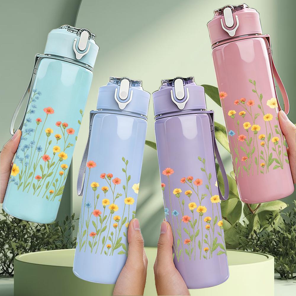 1PC Wild Daisy Floral Field 750ml Color Plastic Sports Water Bottle Leakproof Flip Straw Lid For Sports Office Home Use