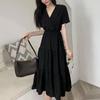 Basic French Style V-Neck Dresses Summer New Short Sleeve Women's Clothing Elegant A-Line Waist Fashionable Patchwork Midi Dress