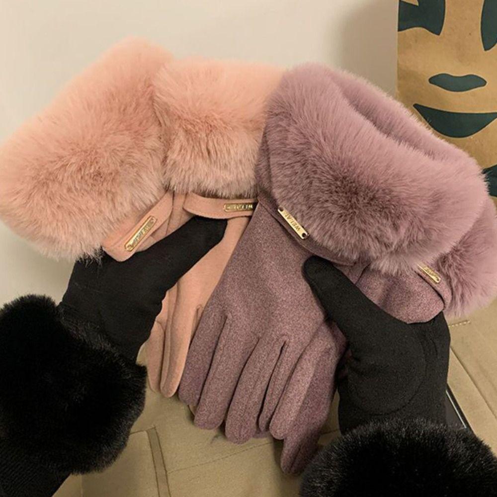 Solid Color Gloves Warm Full Finger Mittens Fashion Women Furry Gloves Female