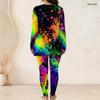 Women Plus Size Two Piece Set Round Neck Long Sleeve Colorful Splash Print Top And Long Pants