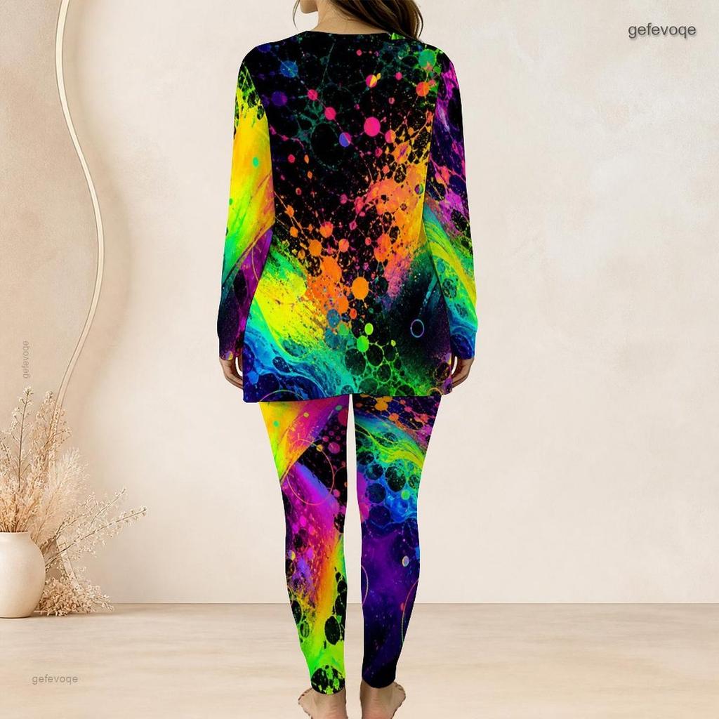 Women Plus Size Two Piece Set Round Neck Long Sleeve Colorful Splash Print Top And Long Pants